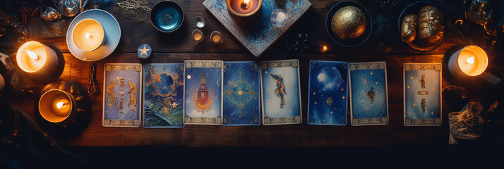 mystical ritual with candles and tarot cards, top view