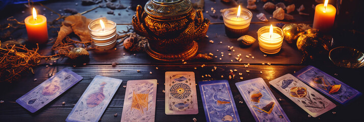 mystical ritual with candles and tarot cards, top view