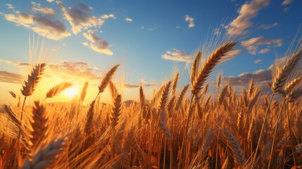 Wall Mural - Golden wheat fields in the setting sun double exposure photo