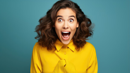 Young woman wearing casual clothes shocked with surprise and amazed expression on blue background