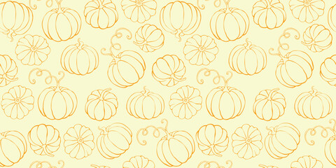 Wall Mural - Vector seamless pattern with outline pumpkins in doodle style. Halloween or thanksgiving background and texture