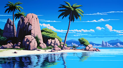 Wall Mural - Illustration of a beautiful tropical island with a beach and palm trees