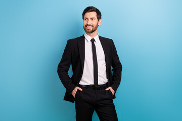 Sticker - Photo of confident dreamy man specialist wear black tuxedo looking empty space isolated blue color background