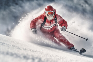 skier mountain holiday christmas sport ski winter santa snowboarder snow. Generative AI.