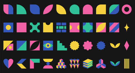 Set of abstract geometric shapes. Inspired by brutalism, Swiss minimalism, Bauhaus. Simple design elements for advertising. Bright Color vector design elements isolated on white