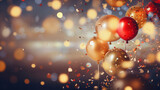 Fototapeta Tulipany - New Year celebration Festive background with falling confetti, balloons and bokeh lights.