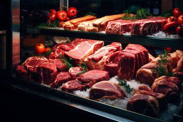 Butcher shop counter with cold raw meat