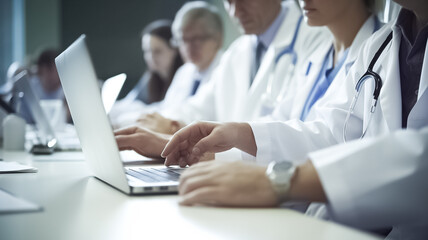 Medical team meeting in conference room. Medical team having a meeting with doctors in white lab coats and surgical scrubs seated at a table discussing and using computers in medical industry. 

