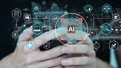 Leinwandbilder - Artist Man using hand AI, Artificial Intelligence to generate content. Text to image, speech, smart AI, by enter command prompt for generates something, Futuristic technology Business transformation.