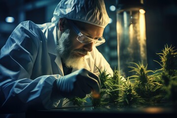 A scientist in a lab coat examining a cannabis leaf  - Analyzing Green Gold - AI Generated