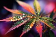 Leinwandbild Motiv Macro shot of a cannabis leaf with morning dew, reflecting a rainbow - Nature's Spectrum - AI Generated