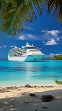 Passenger Cruise Ship Near Tropical Paradise Island, Sea Cruise Vacation