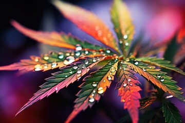 Macro shot of a cannabis leaf with morning dew, reflecting a rainbow - Nature's Spectrum - AI Generated
