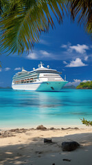 passenger cruise ship near tropical paradise island, sea cruise vacation