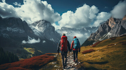 Poster - a couple goes hiking in the mountains. beautiful weather with a blue sky and some white clouds. big mountains.