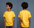 © degungpranasiwi - Front and back views of a little boy wearing a yellow T-shirt