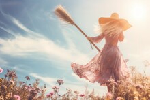 Witch Starting A Ride On A Broomstick In The Field Of Spring Pastel Flowers. Minimal Creative Concept Witch As A Beautiful Fashion Model.