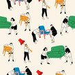 © Dariia - People with various furniture. Movers carrying sofa, armchair, commode, floor lamp. Cute characters. Cartoon style. Hand drawn Vector illustration. Square seamless Pattern. Background, wallpaper