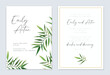 Tropical palm greenery leaf wedding invite card. Green leaves, golden frame, border decoration. Stylish, elegant, minimalist editable design template. Vector art leaf pattern decoration. Template set