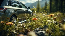 A Car Parked In A Vibrant Field Of Wildflowers