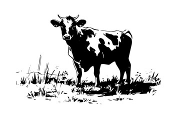 Wall Mural - Black cow on the grass silhouette for meat industry or farmers market hand drawn stamp effect vector illustration.