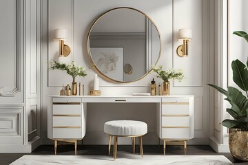 Interior of a luxury dressing table with rounded mirror