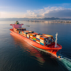 Cargo ship with containers on board in the ocean, cargo shipping