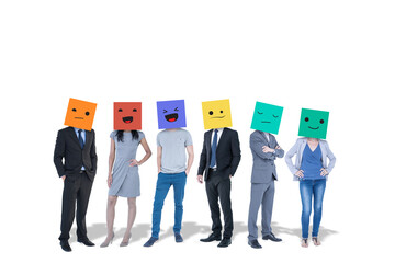 Poster - Digital png photo of people wearing different expression box on heads on transparent background