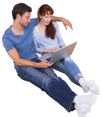 Poster - Digital png photo of caucasian couple with laptop on transparent background