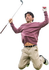 Poster - Digital png photo of asian male golf player celebrating on transparent background