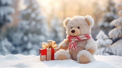 Wall Mural - Christmas card with a cute teddy bear with a gift sitting in the snow against the backdrop of a winter forest at dawn, legal AI