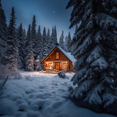 Sticker - Cozy cabin surrounded by snowy pine trees award
