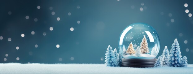 glass snowball with trees. xmas winter glass snow globe. horizontal christmas banner, web poster, he