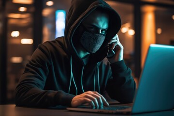 Wall Mural - Anonymous computer hacker in mask and hoodie using laptop computer for cyber attack. Data thief, internet attack and cyber security concept. Generative AI