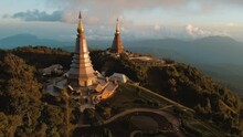Drone Video Of Grand Pagodas At Sunset, Doi Inthanon, Chiang Mai, Thailand Asia