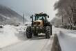 Snow-covered road transformed: Tractor plows through, erasing signs of recent snowstorm.