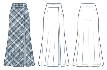 Wall Mural - Skirt technical fashion illustration, plaid pattern. Maxi Skirt fashion flat technical drawing template, front slit, side zipper, front, back view, white, grey, women CAD mockup set.
