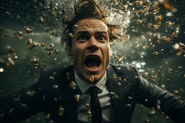 Young business man wearing a suit is drowning underwater, trapped emotions depicted or work overpressure concept image