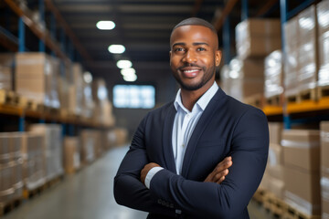 Black professional man working in logistic looking at camera in warehouse