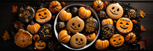 Halloween Treats Sweets And Cookies On A Dark Wooden Rustic Table Background Top View With Copy Space, Spooky Jack O Lanterns Pumpkins, Chocolate Candies, Holiday Party Decorations, Trick Or Treat 