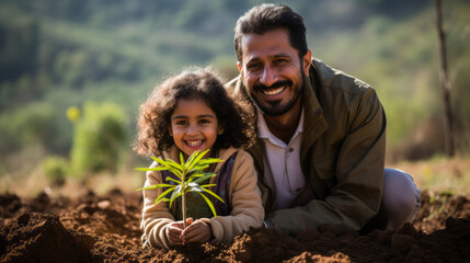 man and his young daughter are engaged in planting trees side by side. the father's loving guidance 