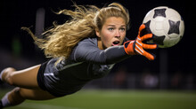 Professional Woman Football Goalkeeper Is Diving To Save The Ball , Women Soccer Concept