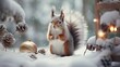 Squirrel kit bundled up in a tiny scarf, hoarding shiny Christmas tree baubles. Forest clearing with an untouched stash of snow-covered acorns.