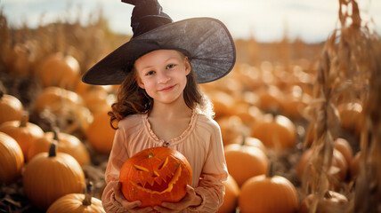 Poster - girl with orange Halloween pumpkins in the field