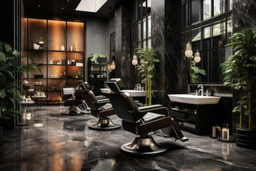 Stylish cozy barbershop or hairdressing salon interior