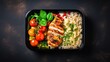 Lunch box with chicken, rice and vegetables, flat lay. Food in take away package, top view angle on black surface, generative ai