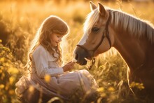 Cute Little Girl With Her Horse Generative Ai