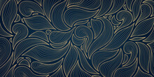 Vector Golden Leaves, Swirls Art Deco Wallpaper Background, Hand Drawn Pattern. Line Design For Interior Design, Textile, Texture, Poster, Package, Wrappers, Gifts. Luxury. Japanese Style.