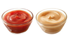 Composição Com Pote De Vidro Com Ketchup E Tigela De Vidro Com Molho Rosé Isolado Em Fundo Transparente