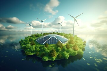 Renewable energy with green energy as windmills and solar panels on a round earth background.